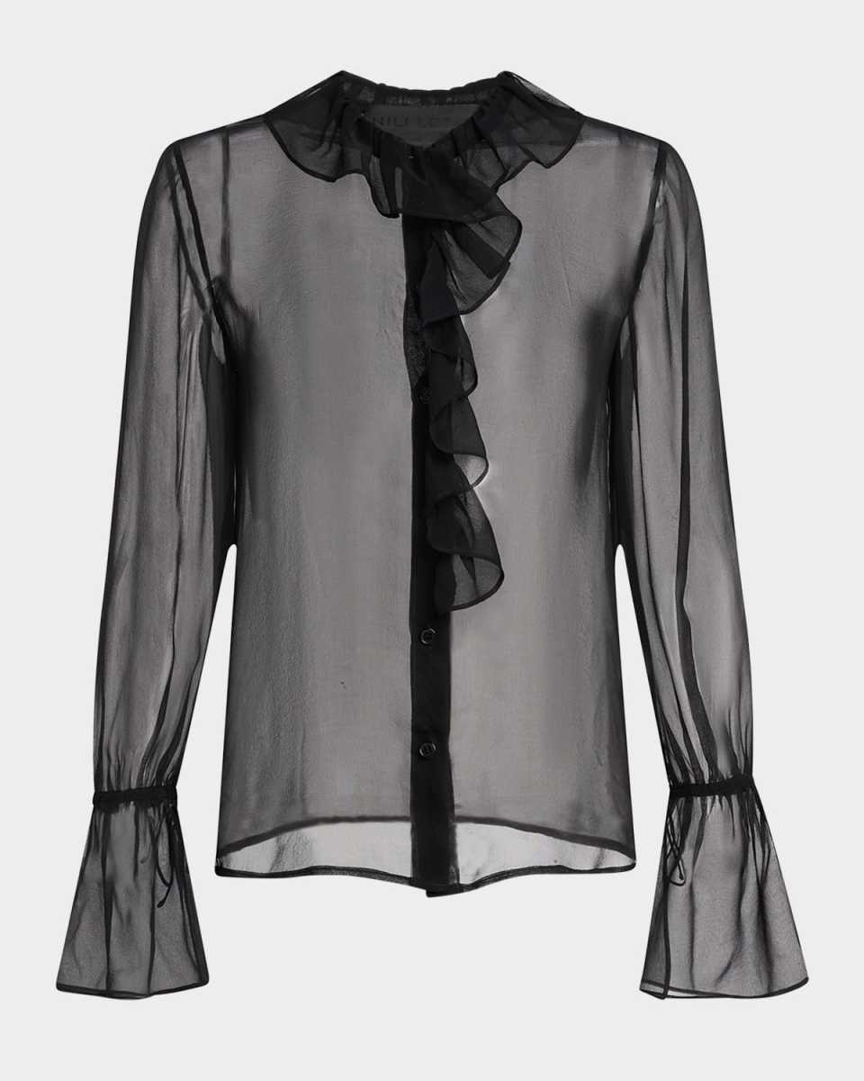 Kris Silk Sheer Ruffle Front Blouse